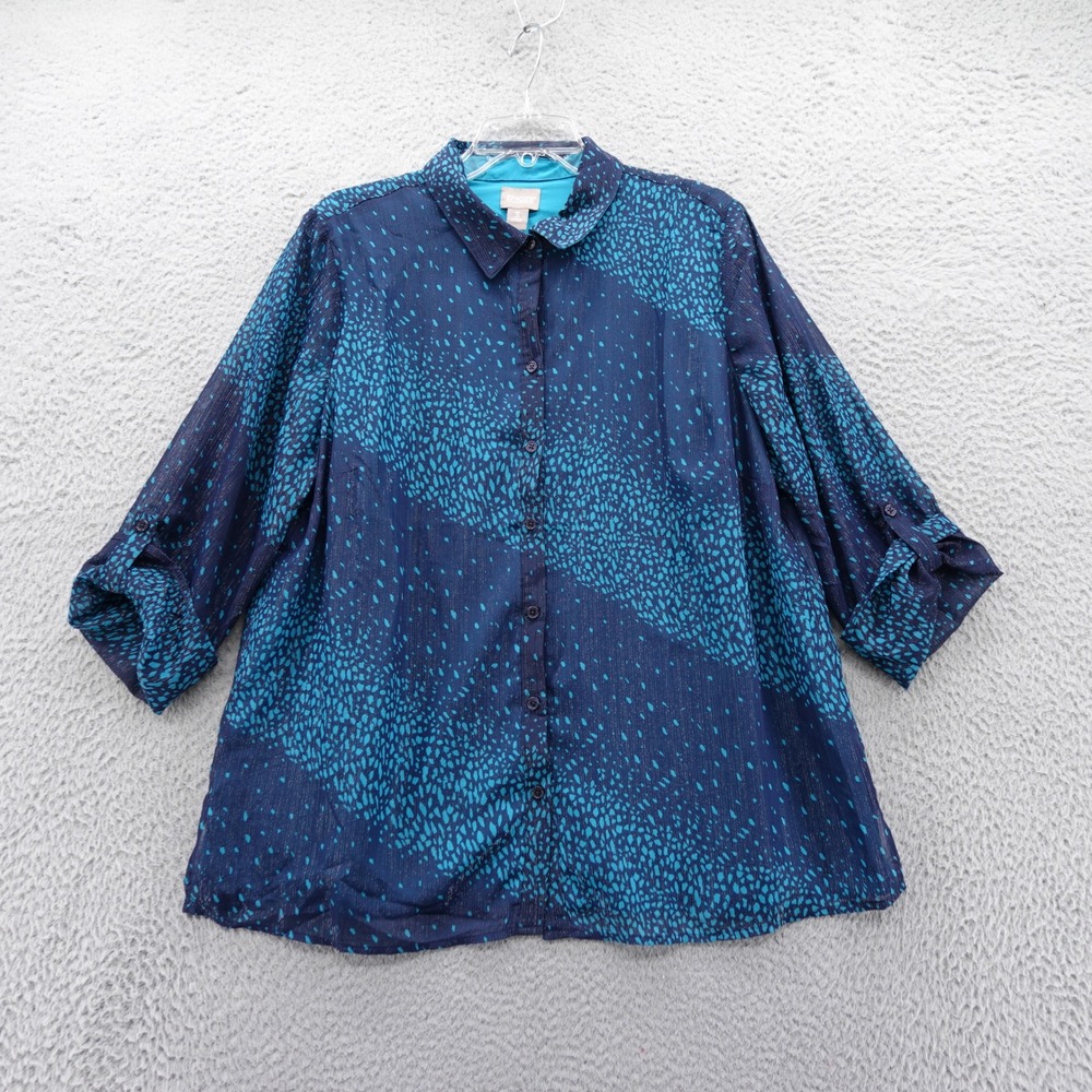 Chicos Womens Roll Tab Chiffon Sparkle Blouse Size 3 US XL Blue Womens Button Up